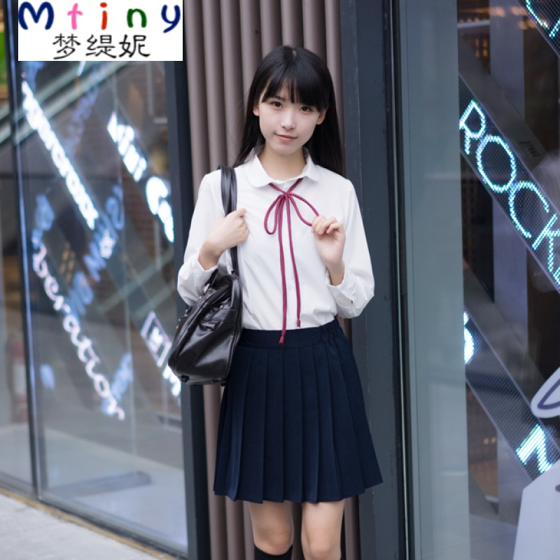 Mtiny日系丸襟jk制服棉白衬衫长袖班服学院风百褶裙女韩版学生校服套装