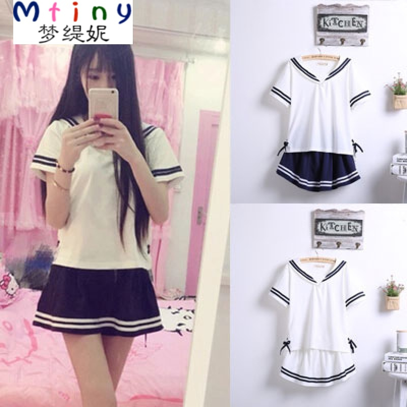 Mtiny女学生可爱夏装水手服JK制服校服班服海军风学院风连衣裙COS套装