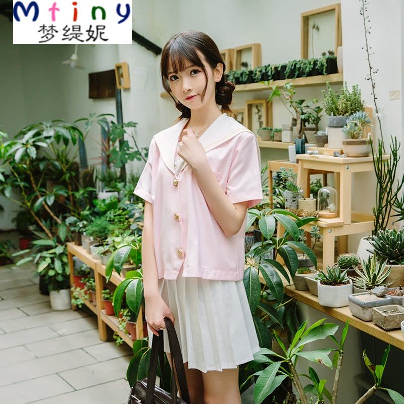 Mtiny日系风正统校服班服JK制服粉色小清新女学生短袖水手服百褶裙套装图片