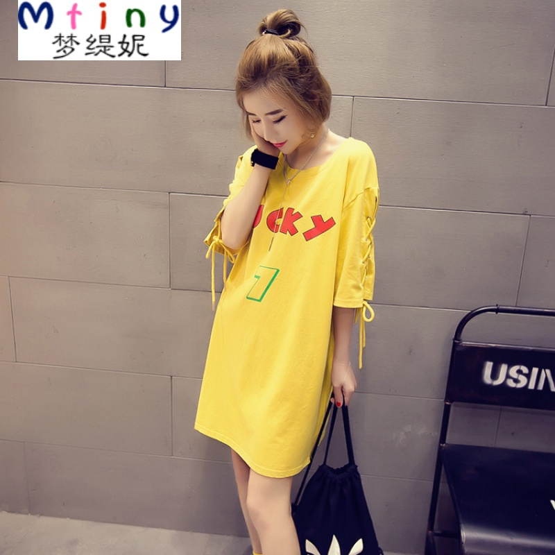 Mtiny 新款潮韩版衣服女春夏装半袖T恤女宽松中长款短袖体恤连衣裙