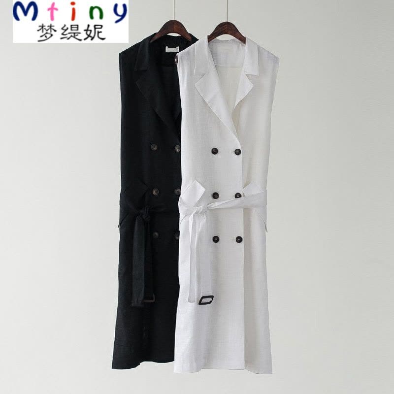 Mtiny 夏季新款韩版棉麻中长款西装领马甲女双排扣显瘦外套腰带马夹图片