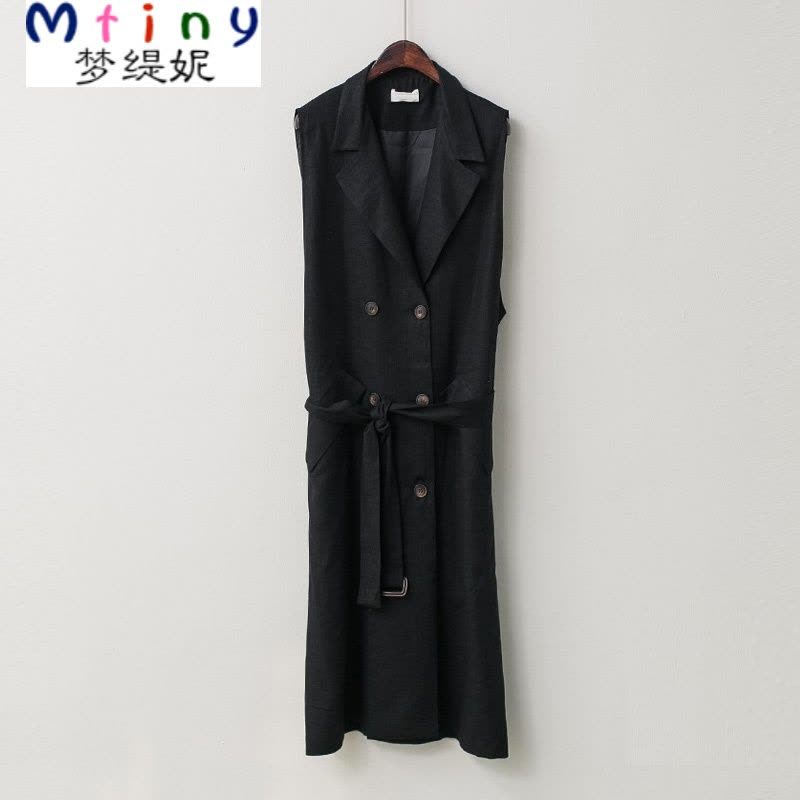 Mtiny 夏季新款韩版棉麻中长款西装领马甲女双排扣显瘦外套腰带马夹图片
