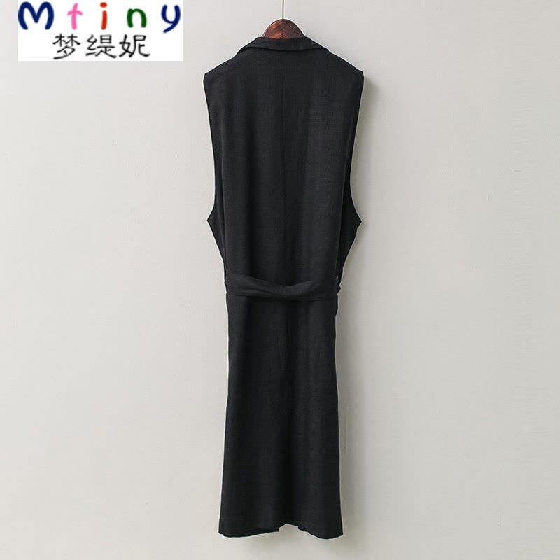 Mtiny 夏季新款韩版棉麻中长款西装领马甲女双排扣显瘦外套腰带马夹图片