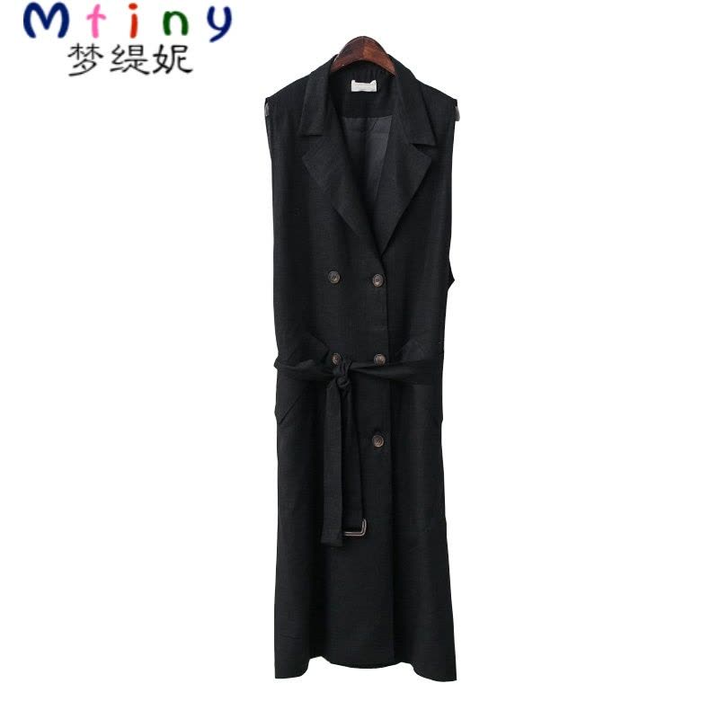 Mtiny 夏季新款韩版棉麻中长款西装领马甲女双排扣显瘦外套腰带马夹图片
