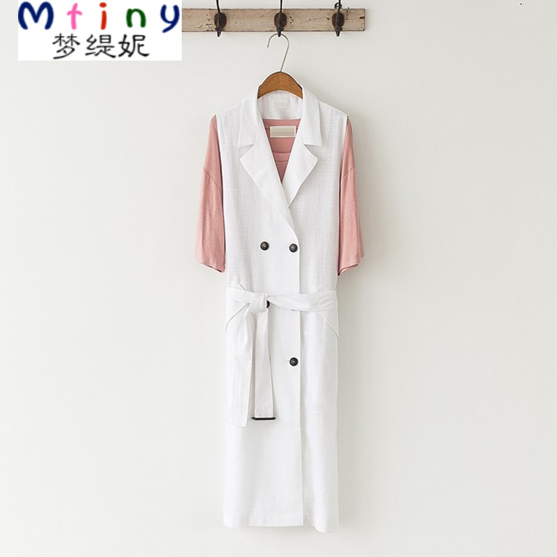 Mtiny 夏季新款韩版棉麻中长款西装领马甲女双排扣显瘦外套腰带马夹