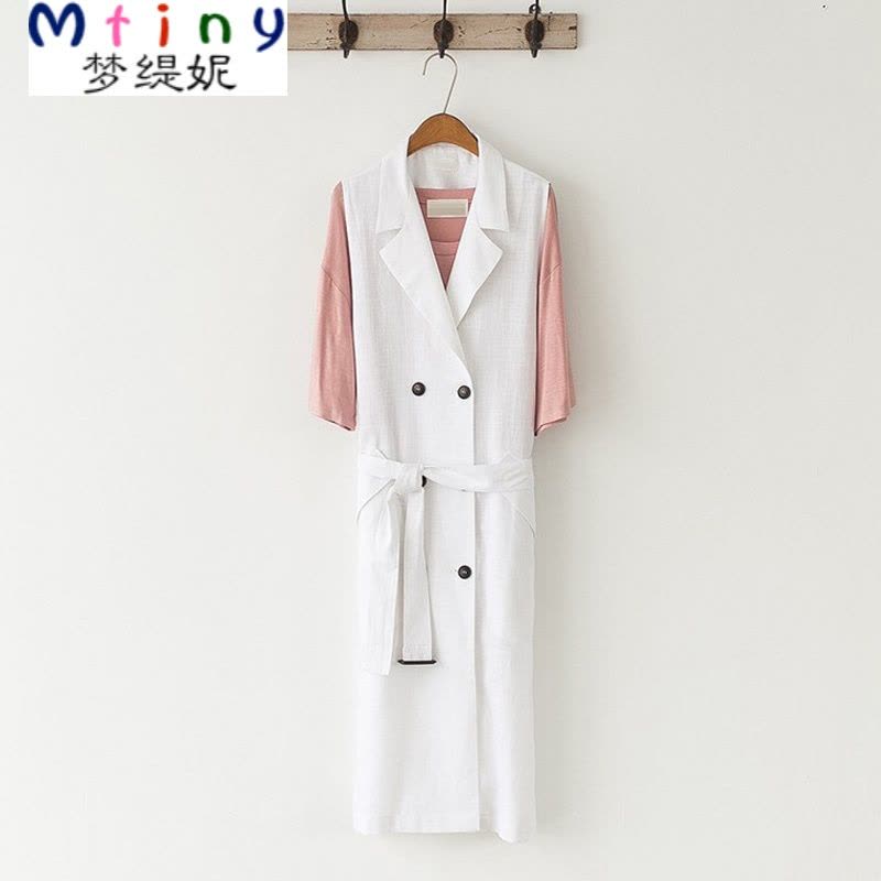 Mtiny 夏季新款韩版棉麻中长款西装领马甲女双排扣显瘦外套腰带马夹图片