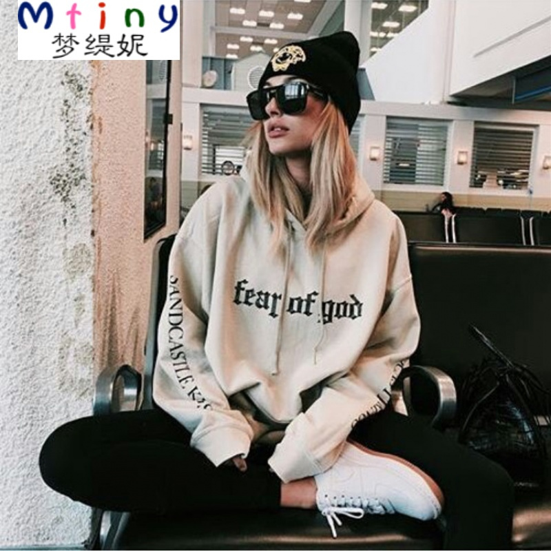 Mtiny 秋冬新款情侣装加绒连帽字母卫衣女套头宽松显瘦长袖bf风上衣