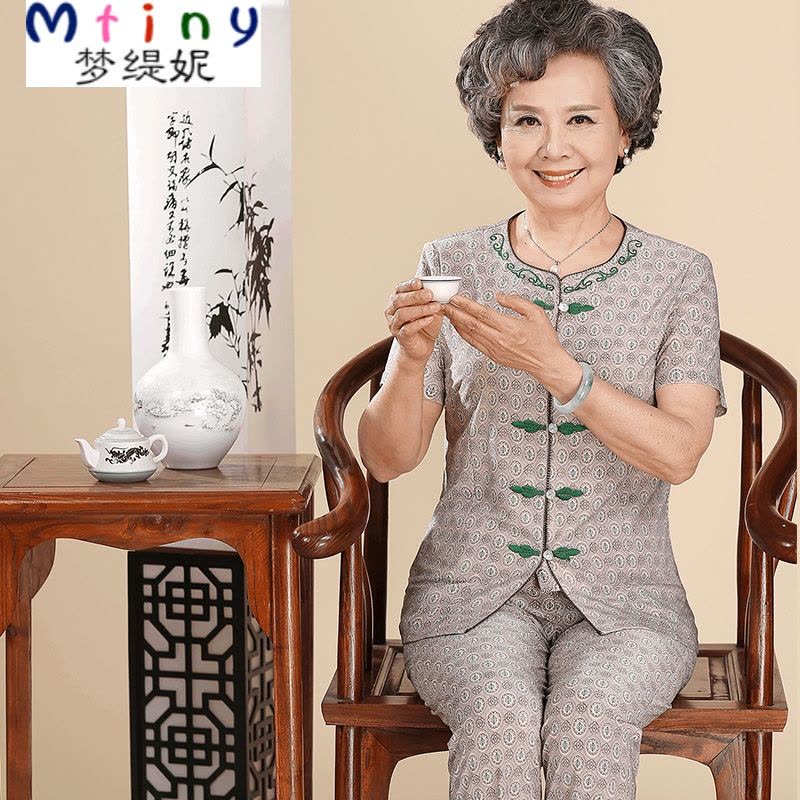 Mtiny中老年新款夏季短袖大码衬衫女装 妈妈装夏装奶奶T恤上衣裤子套装图片