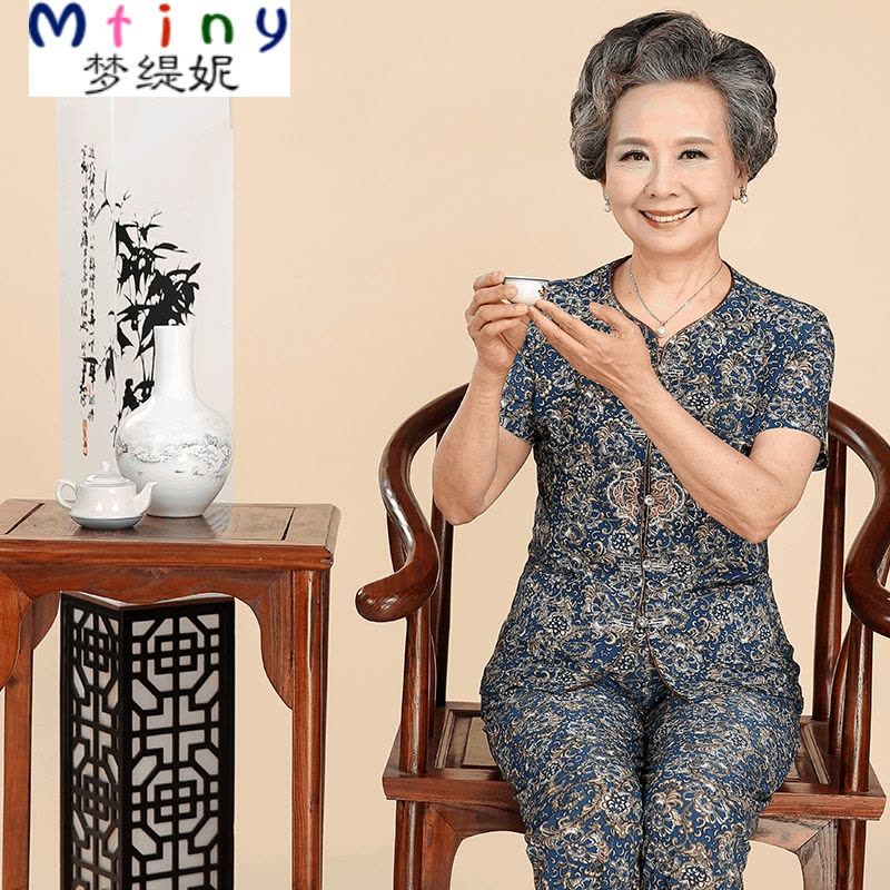 Mtiny中老年新款夏季短袖大码衬衫女装 妈妈装夏装奶奶T恤上衣裤子套装图片