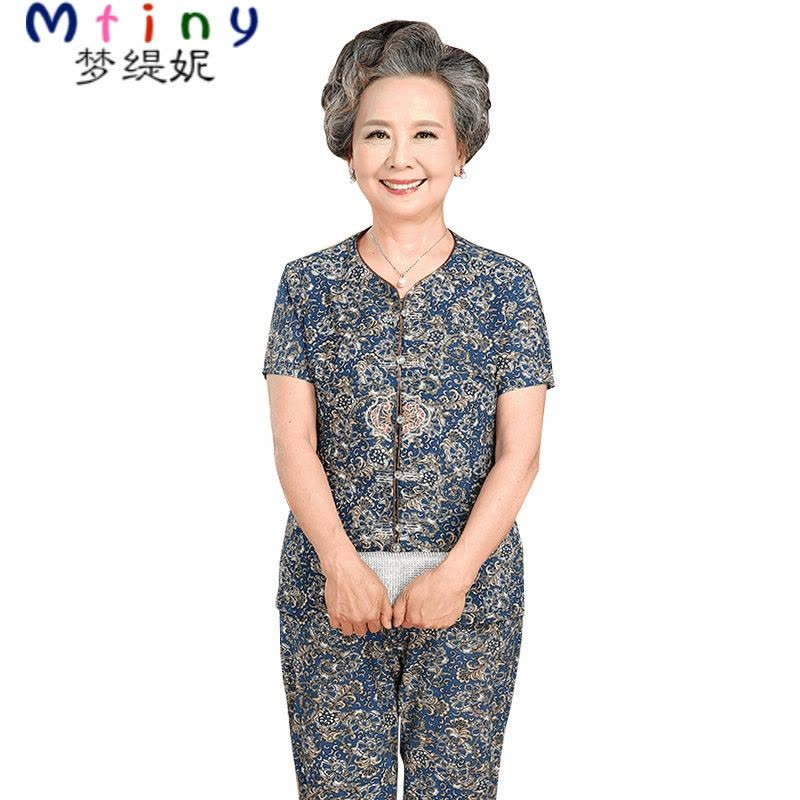 Mtiny中老年新款夏季短袖大码衬衫女装 妈妈装夏装奶奶T恤上衣裤子套装图片