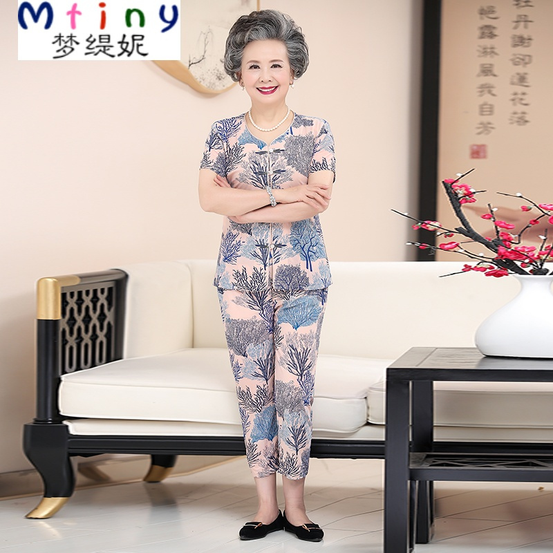 Mtiny中老年新款夏季短袖大码衬衫女装 妈妈装夏装奶奶T恤上衣裤子套装