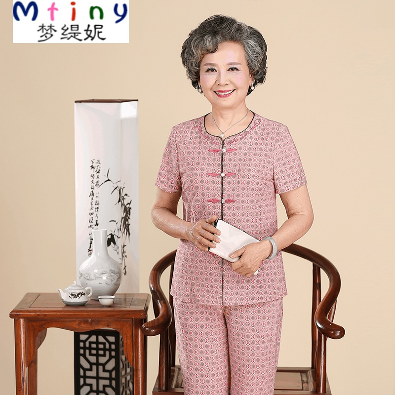 Mtiny中老年新款夏季短袖大码衬衫女装 妈妈装夏装奶奶T恤上衣裤子套装