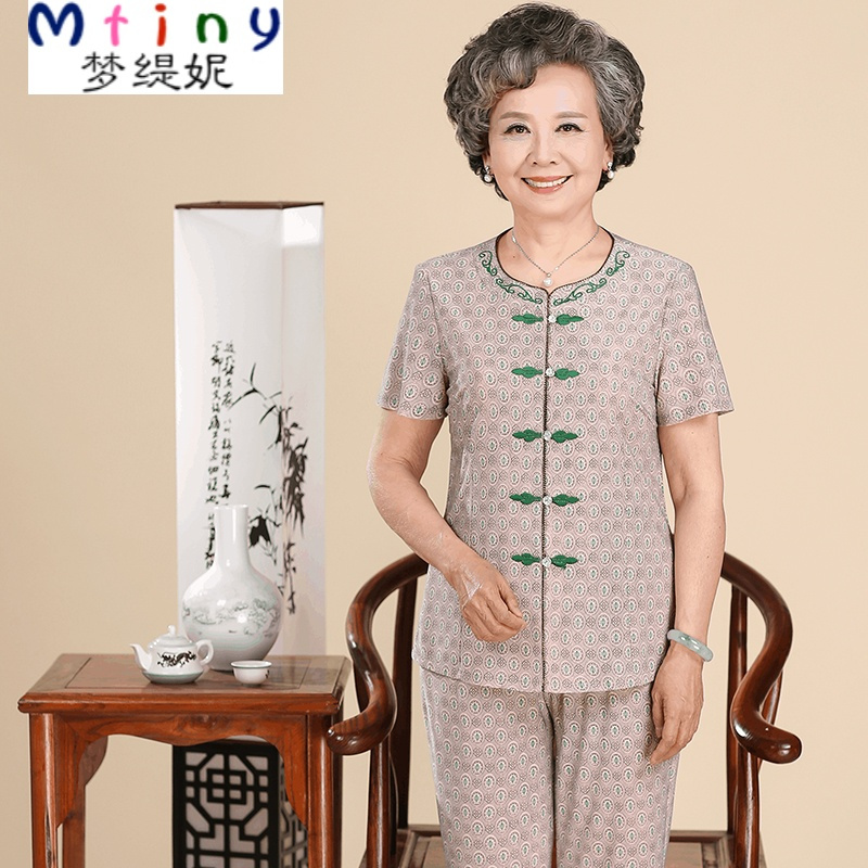 Mtiny中老年新款夏季短袖大码衬衫女装 妈妈装夏装奶奶T恤上衣裤子套装