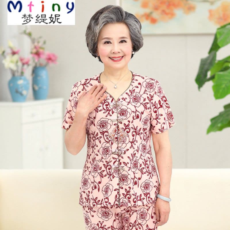 Mtiny中老年新款夏季短袖大码衬衫女装 妈妈装夏装奶奶T恤上衣裤子套装图片