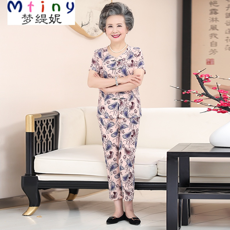 Mtiny中老年新款夏季短袖大码衬衫女装 妈妈装夏装奶奶T恤上衣裤子套装