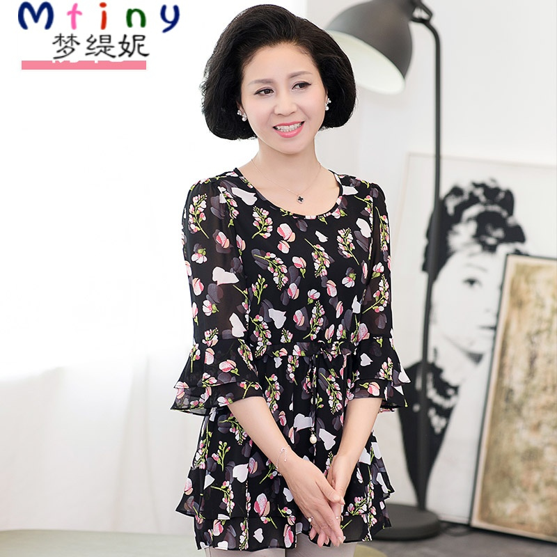 Mtiny中老年女装夏装时尚半袖妈妈装雪纺衫宽松中年妇女T恤上衣40-50岁