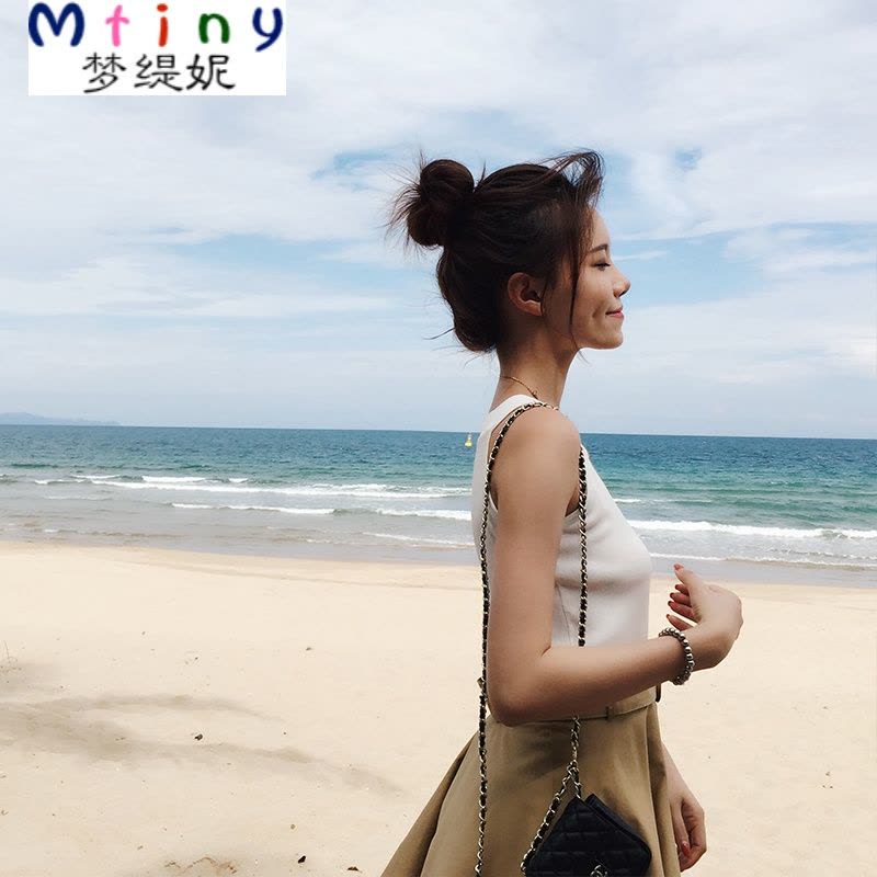 Mtiny【GG】休闲挂脖背心女夏修身显瘦短款打底衫吊带上衣无袖针织T恤图片