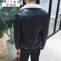 Mtiny男士皮衣夹克外套翻领秋冬季加绒加厚修身韩版青年帅气机车服潮流