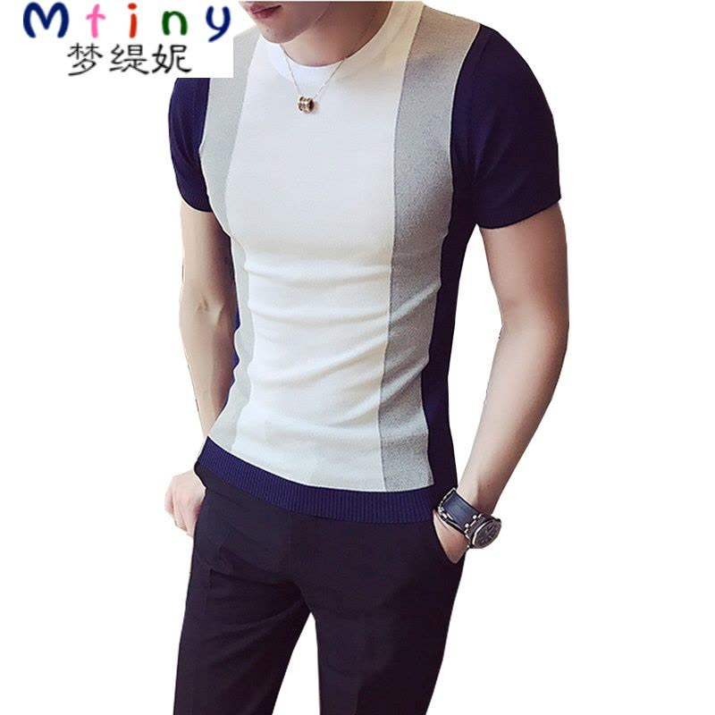 Mtiny短袖T恤男士夏季韩版修身拼接发型师潮流休闲针织衫半截袖体恤图片