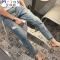 Mtiny夏季破洞九分牛仔裤男薄款韩版潮流 修身小脚裤乞丐裤子男青年