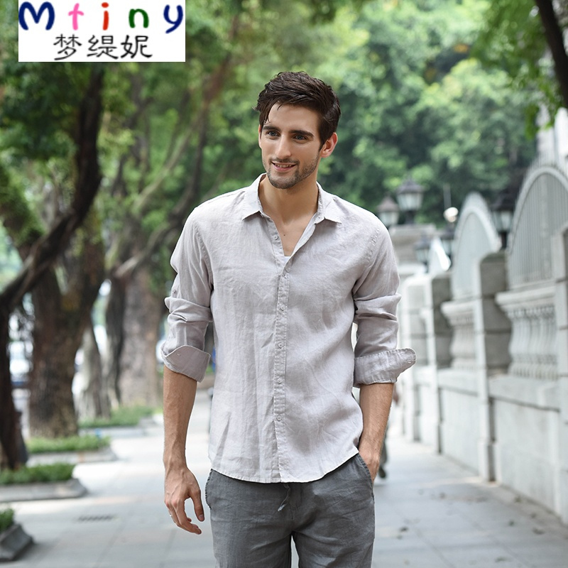 mtiny夏季男士休闲亚麻白衬衫男装青年大码修身上衣长袖棉麻衬衣薄