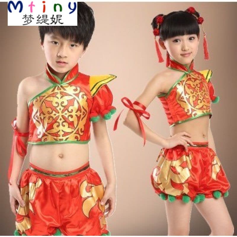 Mtiny六一儿童演出服男女童民族舞蹈服装幼儿肚兜腰鼓表演服哪吒中国风图片