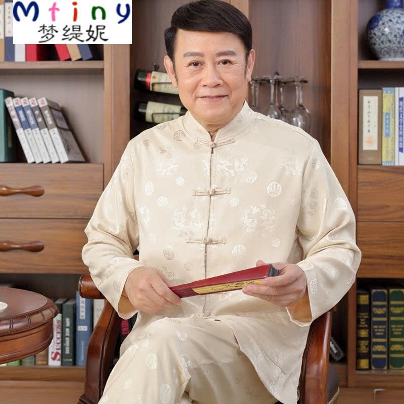 Mtiny春夏中老年唐装男短袖丝缎套装中式丝大码长袖爸爸晨练服图片