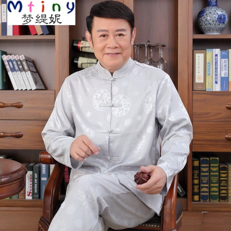 Mtiny春夏中老年唐装男短袖丝缎套装中式丝大码长袖爸爸晨练服图片