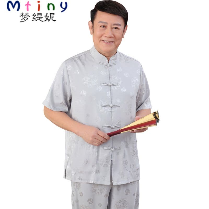 Mtiny春夏中老年唐装男短袖丝缎套装中式丝大码长袖爸爸晨练服图片