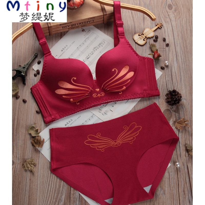 少女士内衣收副乳调整型胸罩无痕薄款夏季小胸聚拢文胸 印花酒红套装