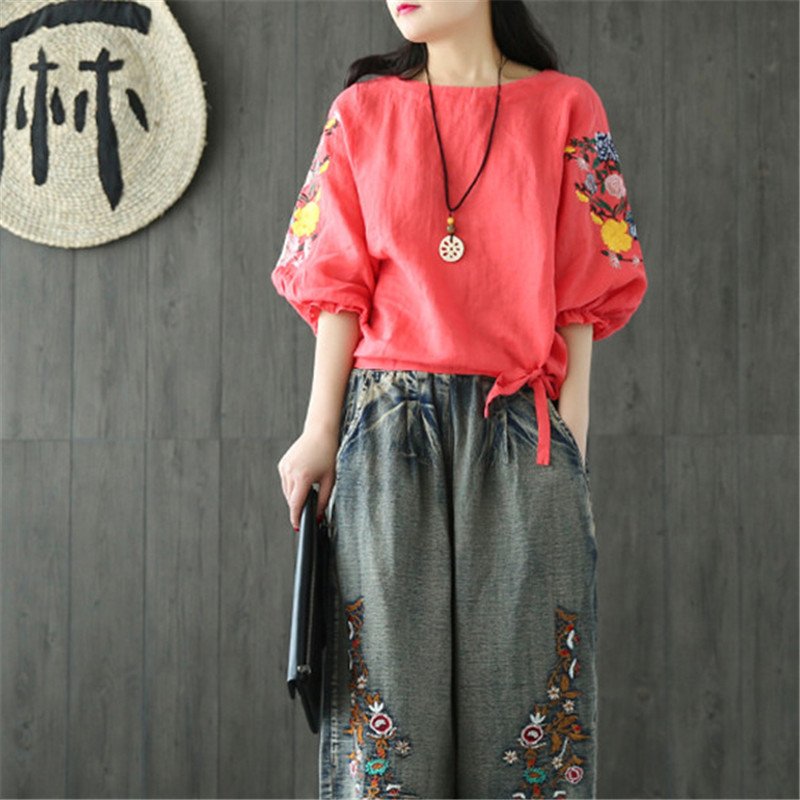 安娅诗T恤女复古民族风绣花七分灯笼袖上衣女宽松大码气质显瘦短款棉麻T恤