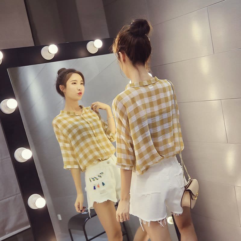 新款上市】2020夏新款韩版短袖格子雪纺衬衫女防晒bf衬衣学生上衣潮图片