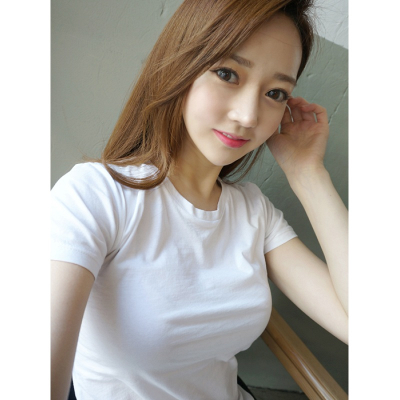 新款上市春夏韩版小圆领短袖t恤女百搭显胸短袖t恤女紧身短袖打底衫女