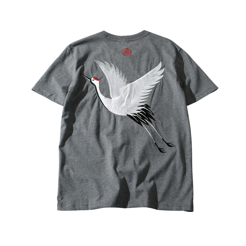 818款仙鹤图案刺绣短袖大码男t恤牌原宿民族半袖t