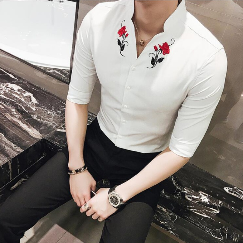 818款衬衫男修身流印花夏季刺绣衬衣发型师中袖寸衫