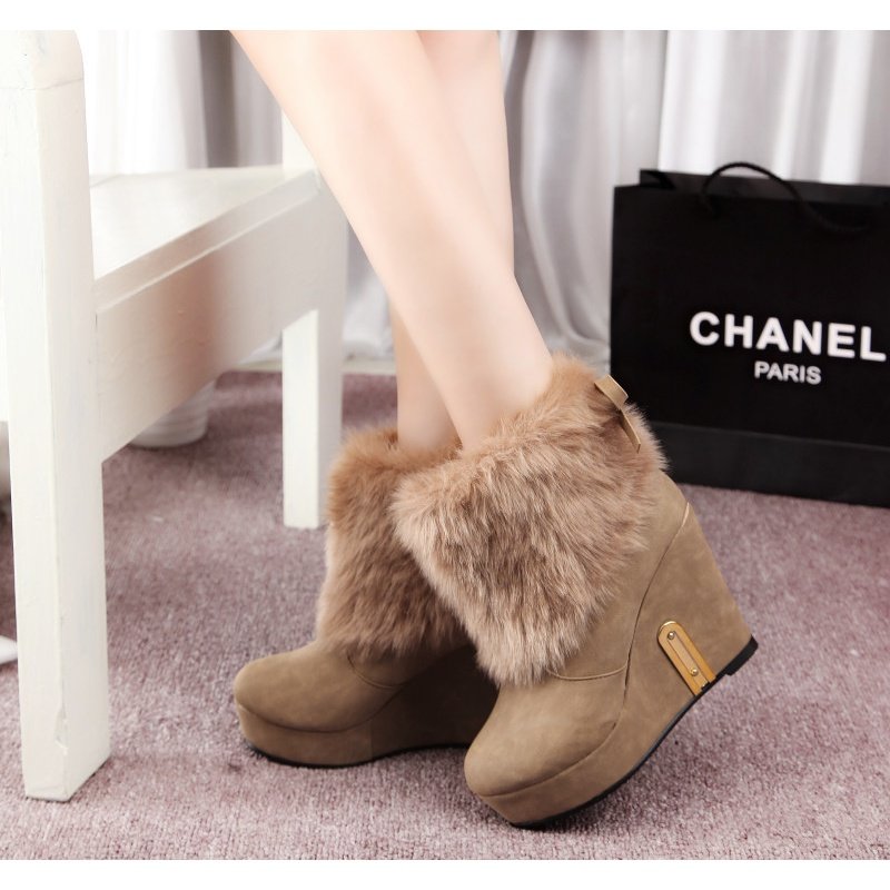 2017秋冬新款欧美毛毛坡跟高跟鞋保暖女靴圆头厚底短靴雪地靴潮