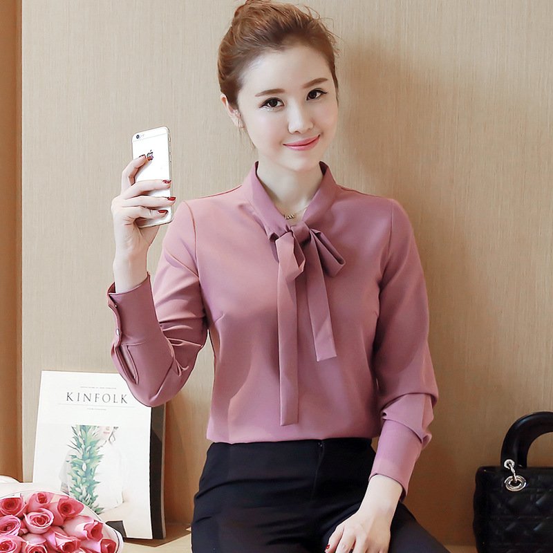 薇侣2017春装新款蝴蝶结韩版衬衫女长袖白色衬衣修身立领上衣