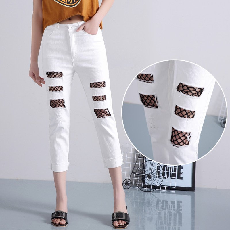 薇侣2017韩版渔网破洞牛仔裤女宽松哈伦裤女春秋百搭显瘦七分裤