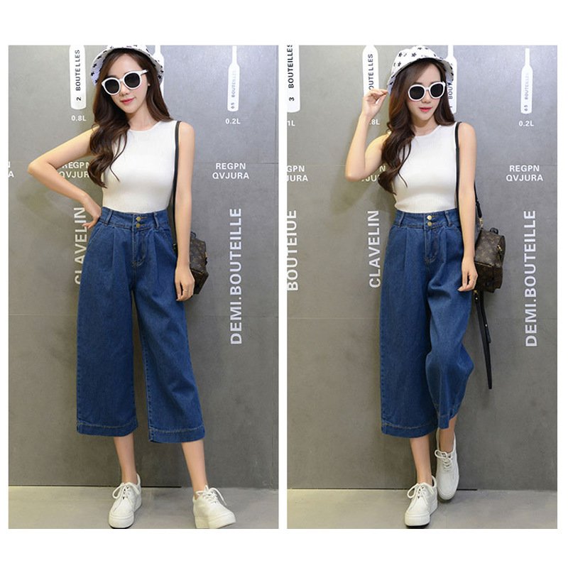 薇侣2017夏季新款牛仔七分裤女宽松学院风阔腿牛仔裤韩版百搭7分裤18#