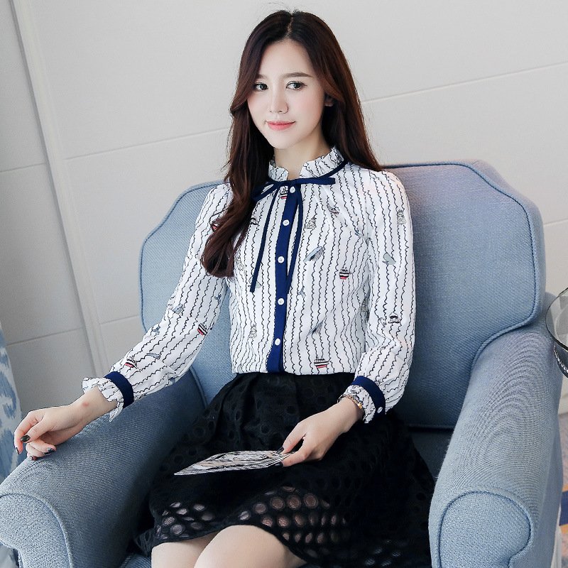 薇侣2017雪纺衫女韩版印花长袖衬衣立领打底衫上衣小衫潮