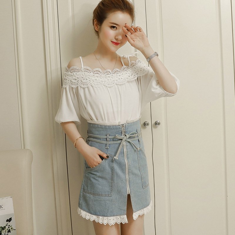 薇侣2017夏季新款韩版蝴蝶结蕾丝拼接牛仔半身裙女装浅蓝色高腰宽松包臀裙
