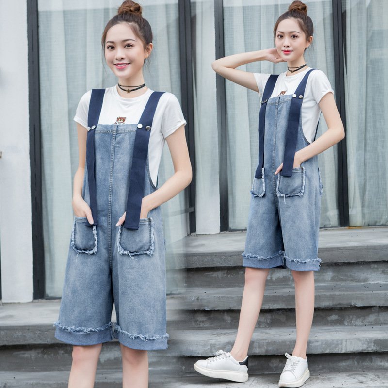 薇侣2017实拍牛仔背带连体裤女夏新款韩版潮宽松阔腿裤直筒五分裤中裤