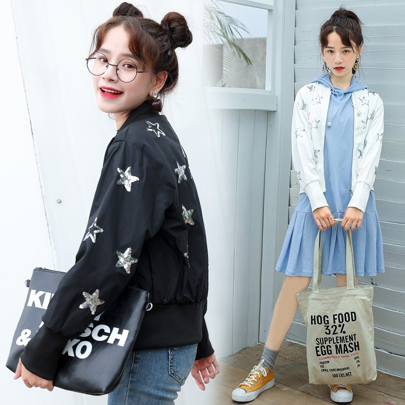 薇侣2017新品星星亮片短款外套女秋季新款韩版百搭修身棒球服女学生#609#