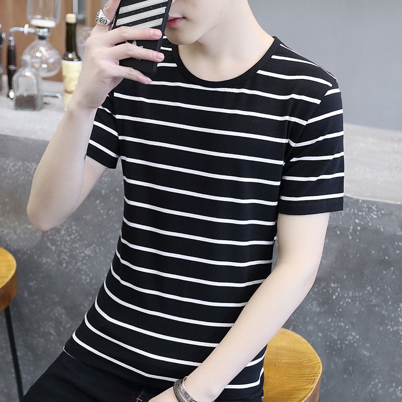 薇侣2017新品夏季港风条纹短袖t恤男士加肥加大码半袖打底衫青少年韩版潮608