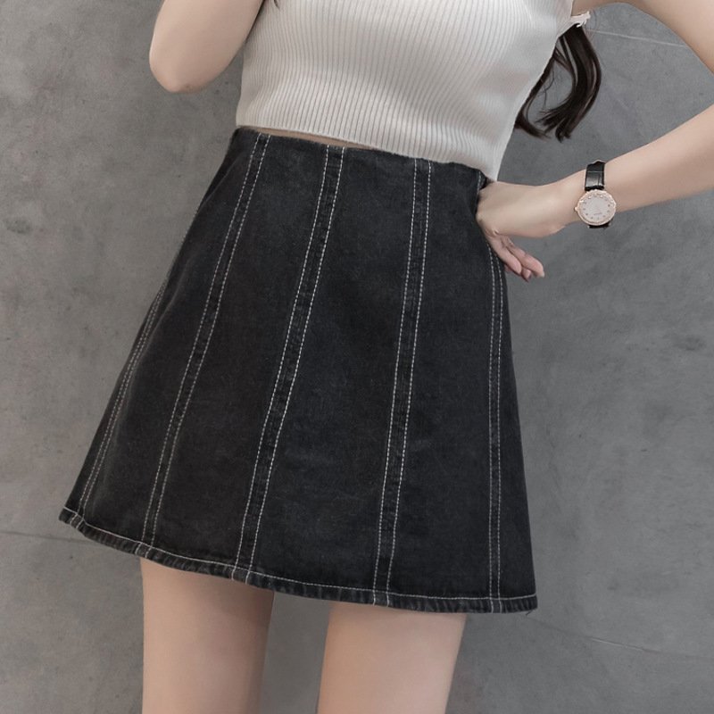 薇侣2017新品黑色秋冬拼接女牛仔裙半身裙高腰裙子显瘦a字短裙