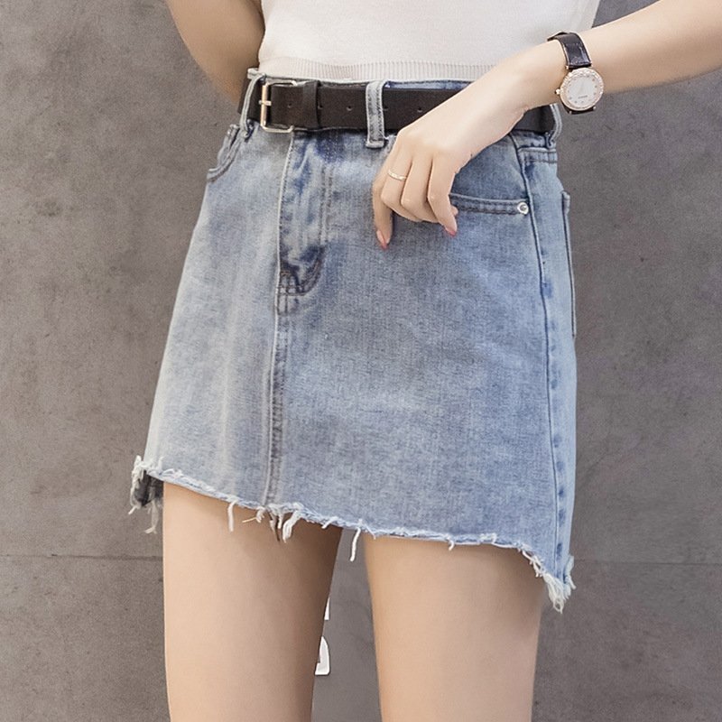 薇侣2017新品夏季简洁款韩版高腰前短后长牛仔裙半身裙a字短裙包臀裙