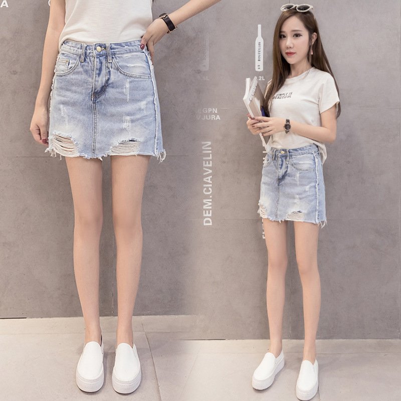 薇侣2017新品现货8实拍短裙双层假两件套牛仔半身裙短裙破洞百搭裤裙