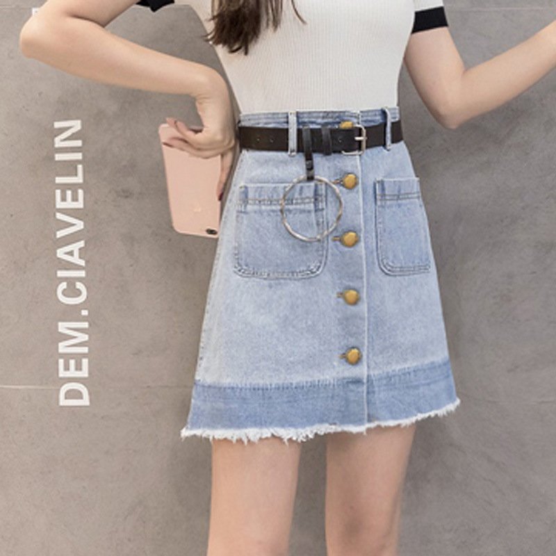 薇侣2017新品实拍夏季吊染百搭牛仔裙修身显瘦百搭毛边包臀A字半身裙子