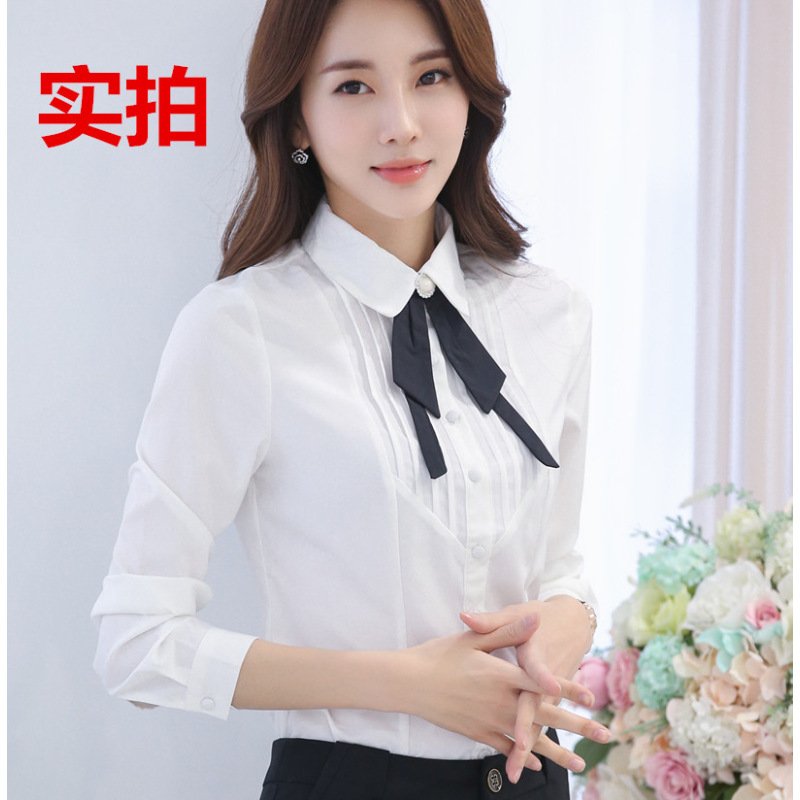 薇侣2017新品秋季大码蝴蝶结女装雪纺职业装白色修身长袖衬衫韩版