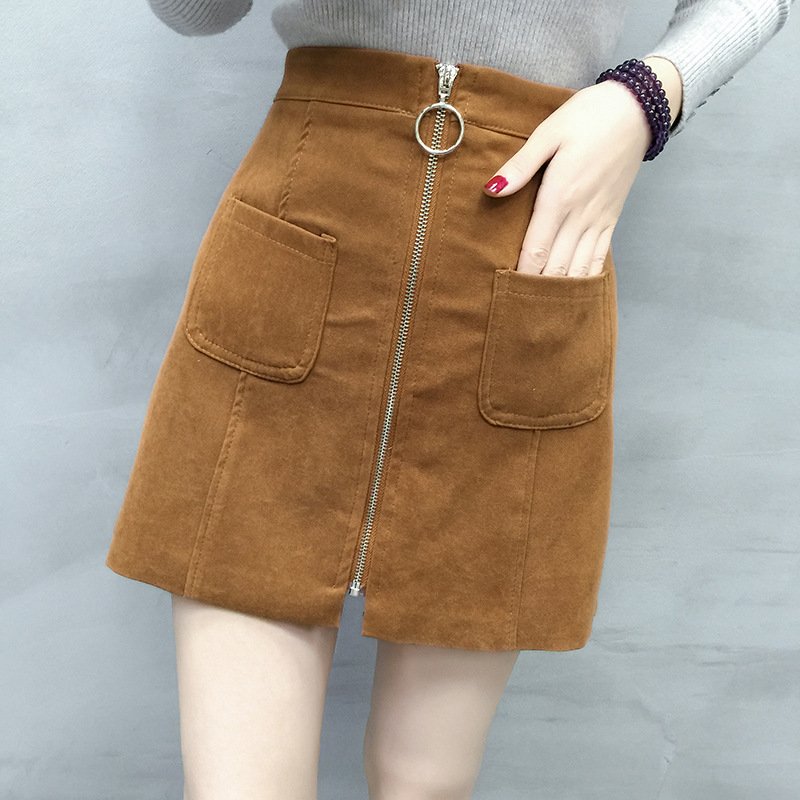 薇侣2017新品实拍秋冬季韩版修身麂皮绒半身裙女高腰双口袋拉链A字裙短裙